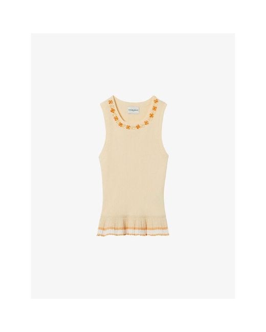 Claudie Pierlot Natural Floral-Embellished Peplum-Hem Knitted Top