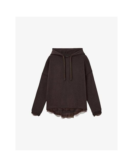 AllSaints Brown Nia Lace-Trim Cotton-Blend Hoody