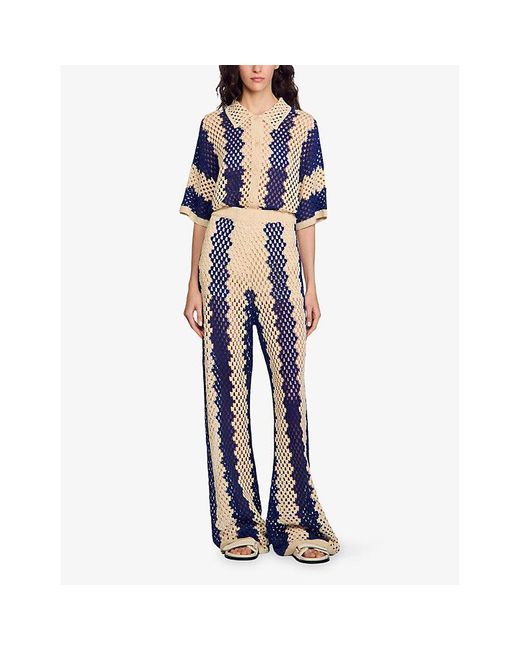 Sandro Blue Two-Tone Open-Knit Cotton-Blend Trousers