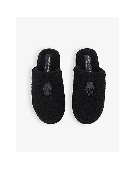 Kurt Geiger Black Kensington Eagle-Logo Faux-Shearling Slippers