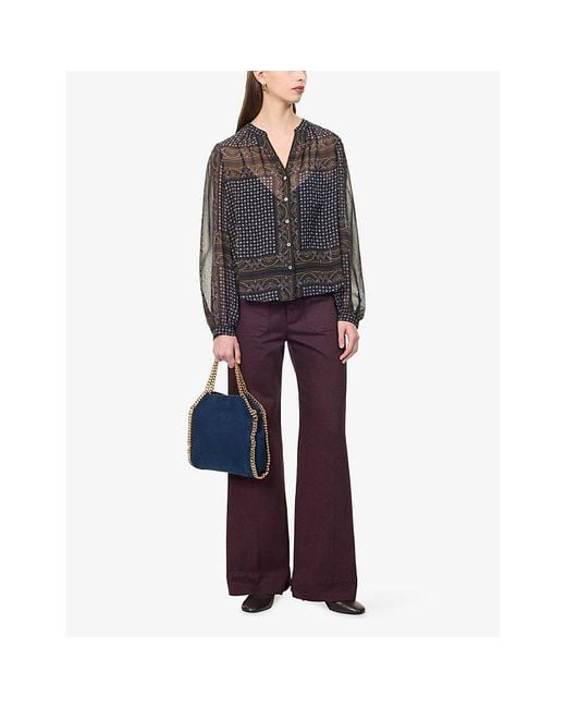 Veronica Beard Gray Scarf-Print V-Neck Silk Blouse
