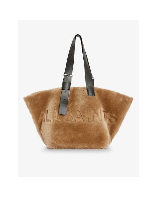 AllSaints Brown Anik Logo-debossed Shearling And Leather Tote Bag