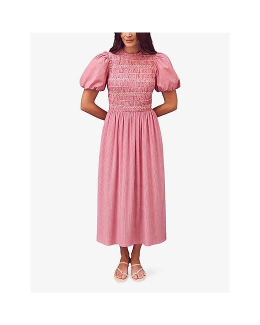 Ro&zo Pink Stripe-Pattern Shirred Woven Midi Dress