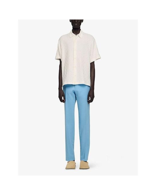 Sandro White Grid-Pattern Short-Sleeved Cotton Shirt for men