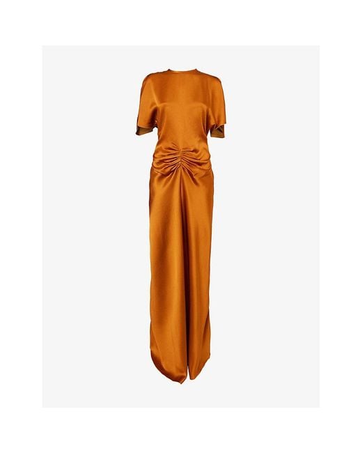 Victoria Beckham Orange Pin-Tuck Waist Satin Flared Gown