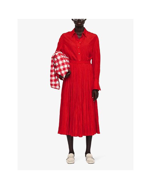 Joseph Red Sully High-rise Pleated Silk Midi Skirt