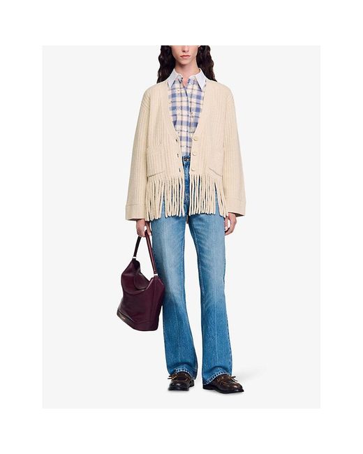 Sandro Natural Fringed-Hem Wool-Blend Knitted Cardigan