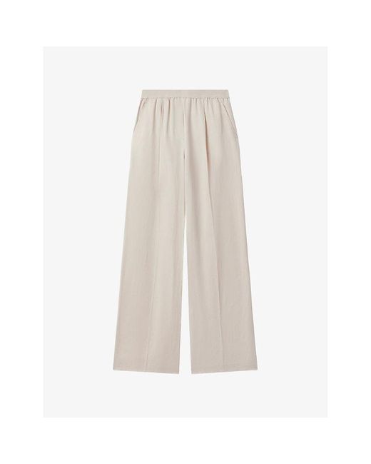 Reiss Natural Vera Elasticated-waistband Wide-leg Mid-rise Linen-blend Trousers