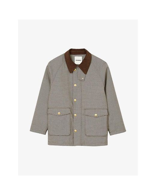 Sandro Gray Check-Pattern Velvet-Collar Woven Coat