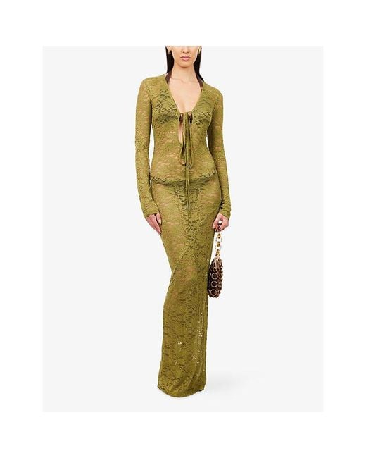HYPHEN Green Deep-Plunge Stretch-Lace Maxi Dress