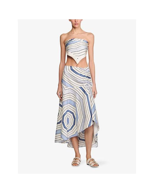 Sandro Blue Spiral-Motif Asymmetric Woven Maxi Skirt