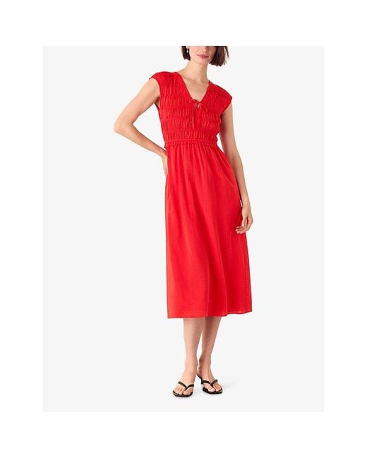 Whistles Shirred-Bodice V-Neck Midi Cotton-Blend Dress