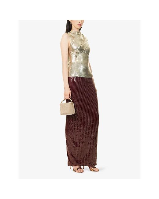 ‎Dima Ayad Red Studded Woven Midi Skirt