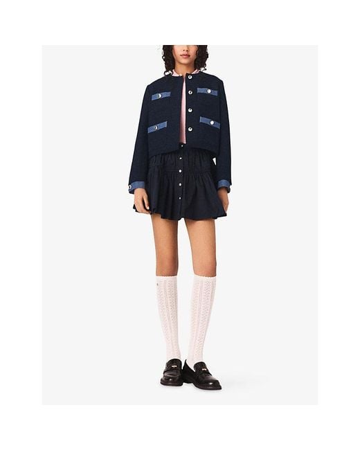 Maje Blue Denim-Trim Four-Pocket Tweed Jacket
