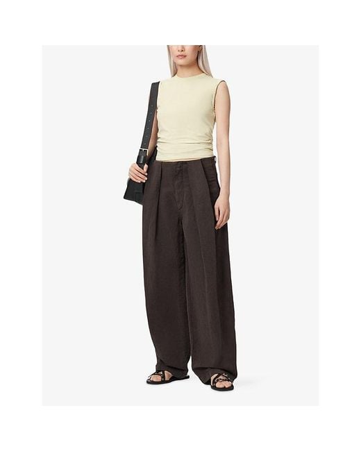 AllSaints Brown West Ruched Stretch Cotton-Blend Top