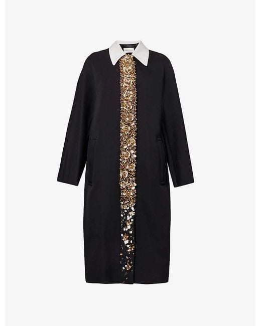 Dries Van Noten Black Bead And Sequin-embellished Contrast-collar Single-breasted Woven Coat