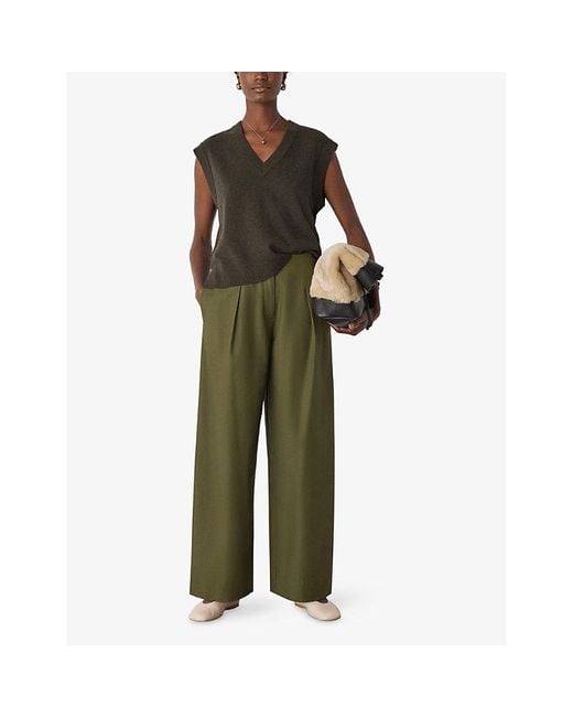 Whistles Green Pleated Barrel-Leg Woven Trousers