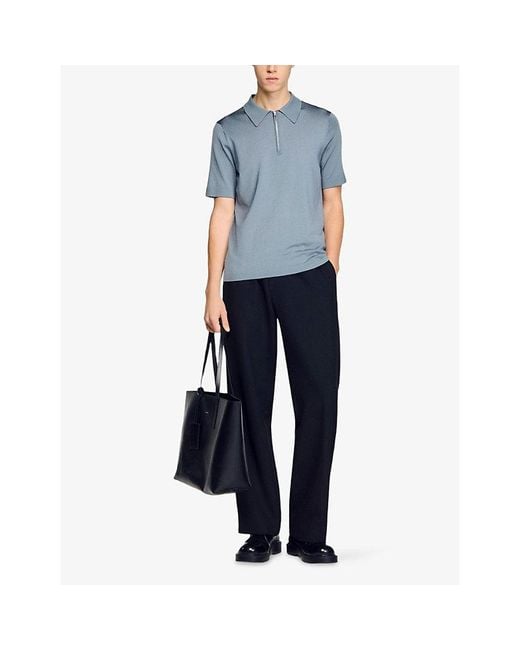 Sandro Blue Zipped Stretch-Woven Polo Shirt for men