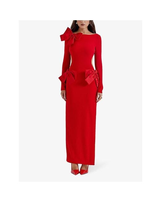 House Of Cb Red Lavele Bow-embellished Crepe Maxi Dress