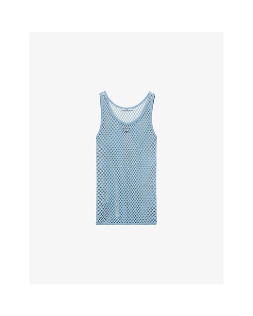 Prada Blue Sleeveless Triangle-Plaque Cotton Mesh Top