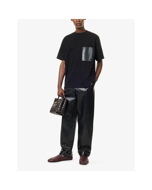 Bottega Veneta Black Leather-Pocket Cotton T-Shirt for men
