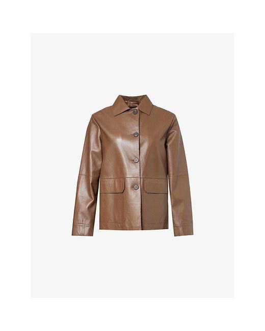 Weekend by Maxmara Brown Kaya Flap-Pockets Relaxed-Fit Leather Jacket