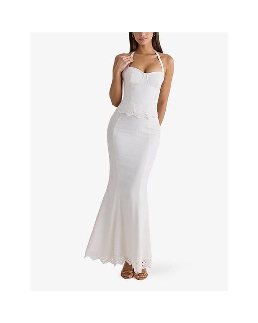 House Of Cb White Zizi Halter-Neck Broderie Stretch-Cotton Corset Top
