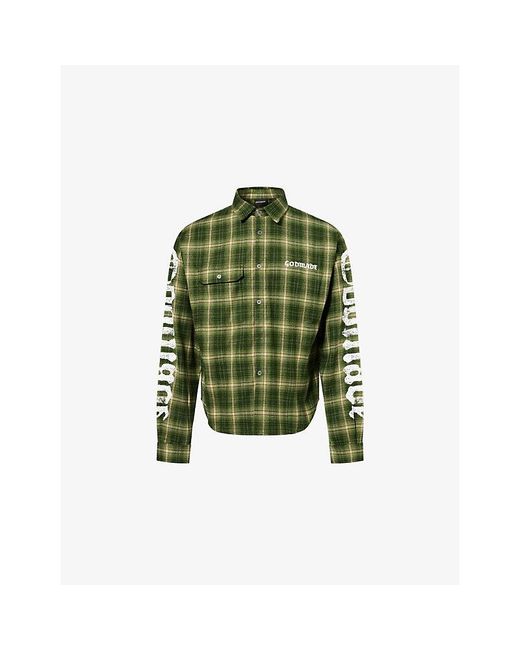GODMADE Green Broken Script Long-Sleeve Cotton Flannel Shirt for men