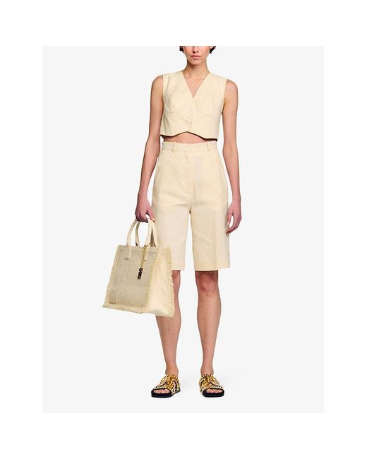 Sandro Natural Corset-style Cropped Stretch Linen-blend Waistcoat