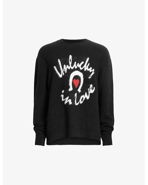 AllSaints Black Lucky Love Slogan-intarsia Knitted Jumper
