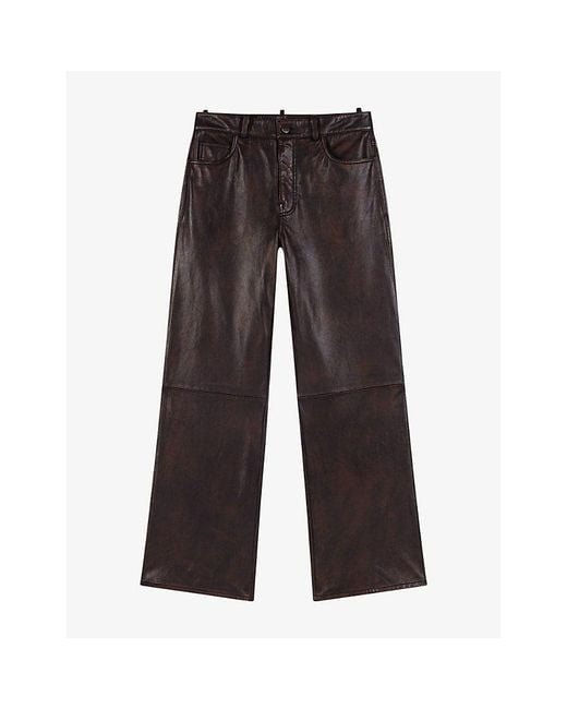 Maje Gray Straight-Leg Mid-Rise Leather Trousers