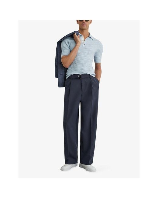 Reiss Blue Era Half-Button Textured-Knit Polo for men