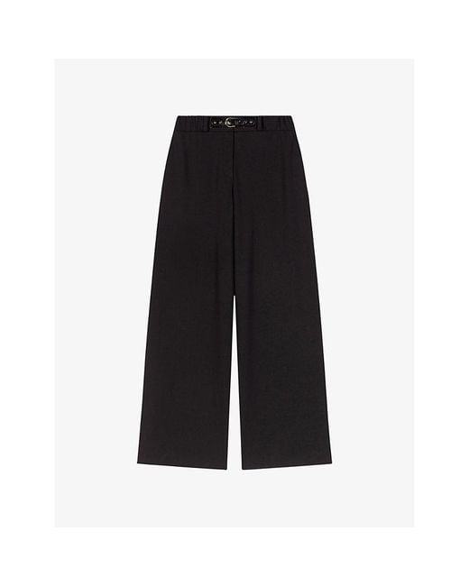 Maje Black Wide-Leg Mid-Rise Stretch-Woven Trousers