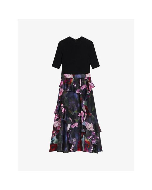 Ted Baker Black Rowana Knitted-blend And Floral Woven Midi Dress