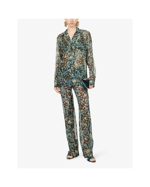 Dries Van Noten Green Floral-Print Pleated Woven Shirt