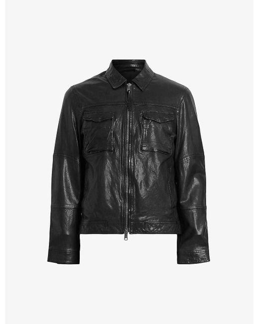 AllSaints Black Whilby Patch-pockets Leather Jacket for men