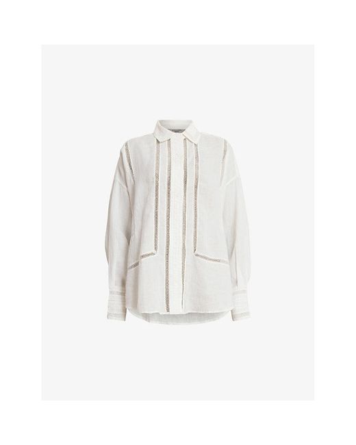 AllSaints White Jade Embroidered-stripe Relaxed-fit Linen Shirt
