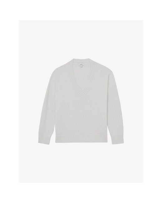 Reiss White Cherish V-Neck Cotton And Wool-Blend Jumper