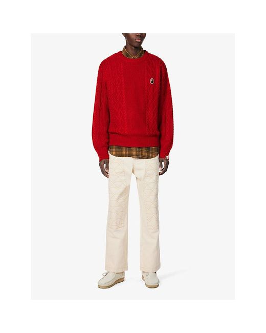 A Bathing Ape Red Brand-embroide Cable-texture Knitted Jumper for men