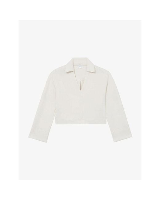 Reiss White Bea Premium Interlock Open-Collar Sweatshirt
