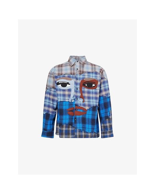 Kidsuper Blue Face Patchwork Cotton Flannel Shirt for men