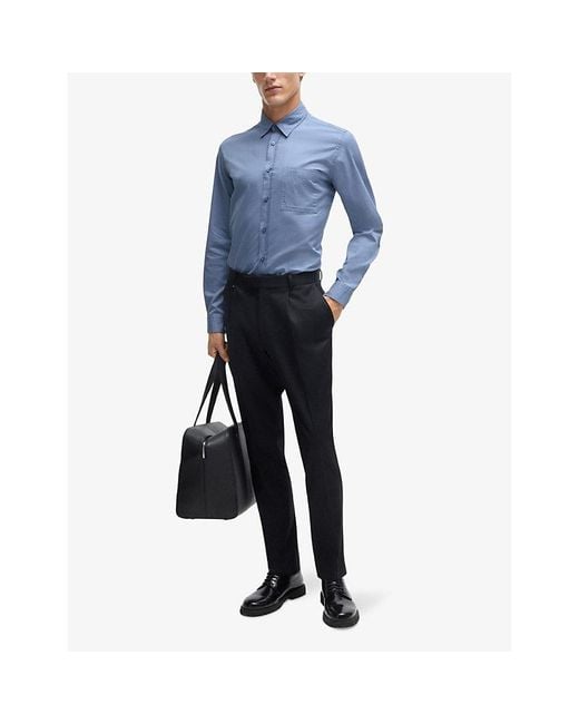 Boss Blue Regular-Fit Logo-Embroidered Cotton-Twill Shirt for men