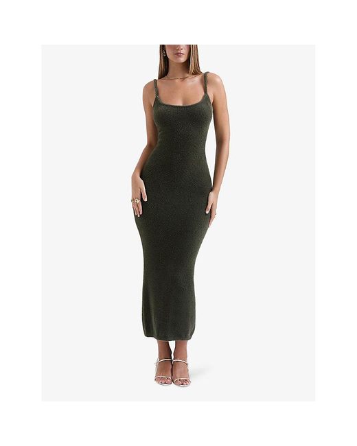 House Of Cb Green Fayette Brushed-texture Stretch-woven Maxi Dress