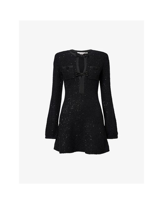 Self-Portrait Black Sequin Long-Sleeves Knitted Mini Dress
