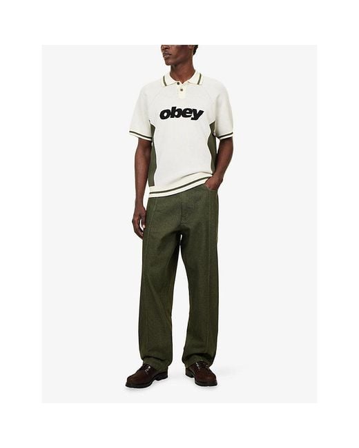 Obey White Sport Logo-Print Knitted Polo Top for men