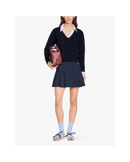 Sandro Blue V-Neck Branded Wool Jumper