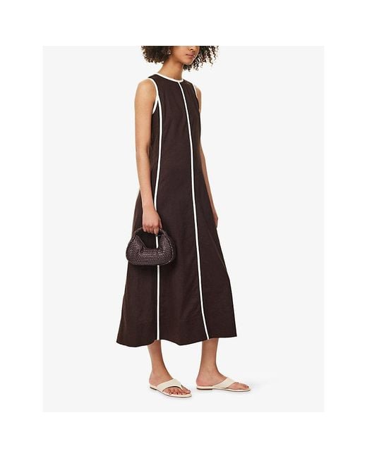 ME+EM Brown Effortless Contrast-Stripe Linen-Blend Maxi Dress