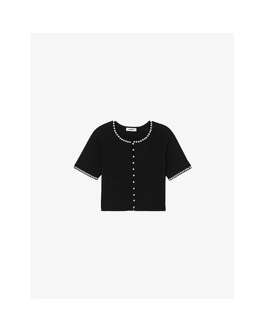 Sandro Black Floral Bead-Embellished Cropped Stretch-Knit Cardigan