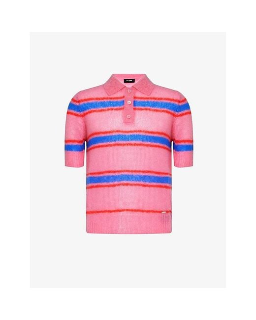 DSquared² Pink Striped Mohair Wool-blend Knitted Polo Shirt for men
