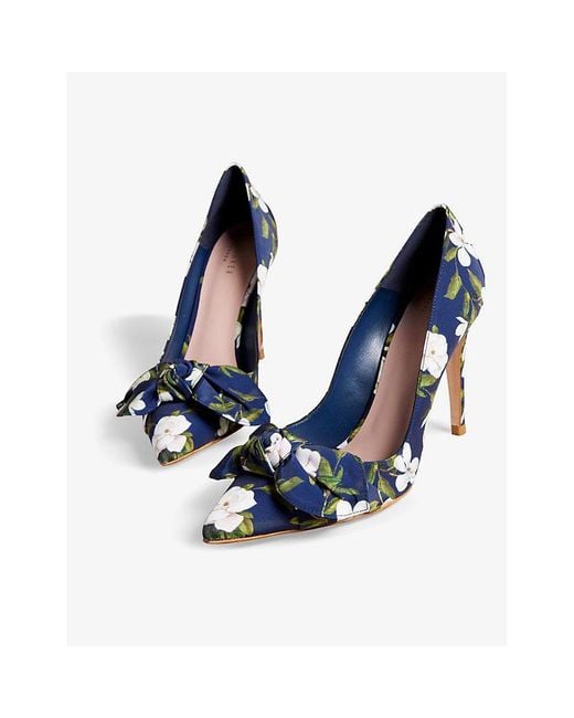 Ted Baker Floral-print Bow-front Heeled Woven Court Shoes in Blue | Lyst